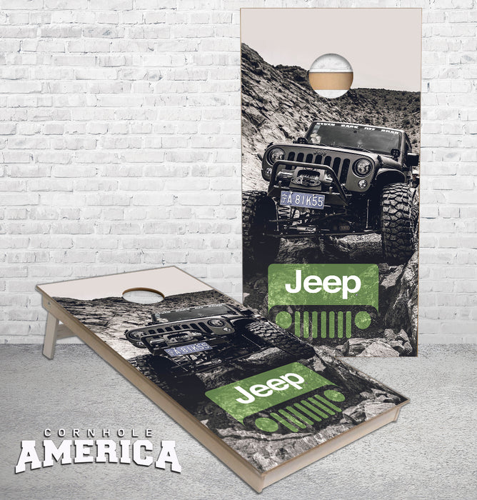 Jeep on a Rocky Mountain Road cornhole boards