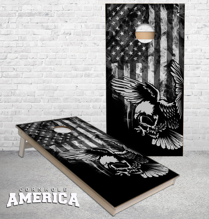 United States smokey grey flag with Bald Eagle cornhole boards