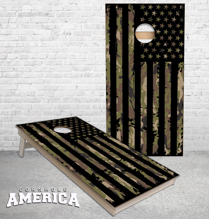 Camo US American Flag on black background cornhole boards