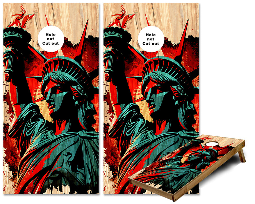 Statue of Liberty Art on wood cornhole wraps