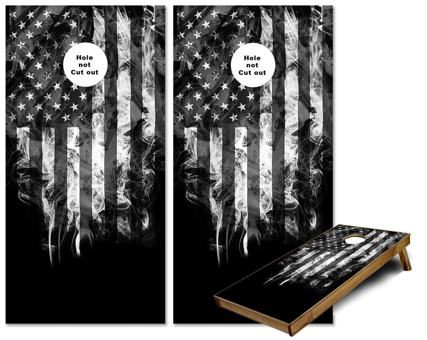 Grayscale smokey American Flag cornhole wraps