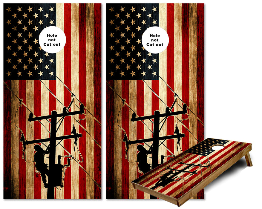 American Flag Electrical Lineman Rustic cornhole wraps
