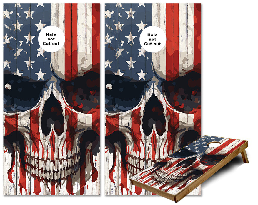 American Flag Skull on Rustic wood Cornhole wraps