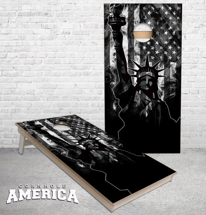 American Flag Statue of Liberty bw cornhole boards