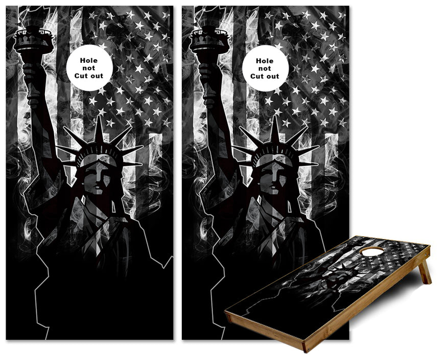 American Flag Statue of Liberty greyscale cornhole wraps