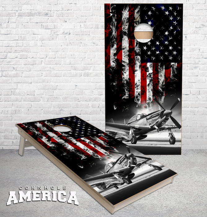 P-51 Mustang WWII Fighter Plane with smokey American Flag cornhole boards