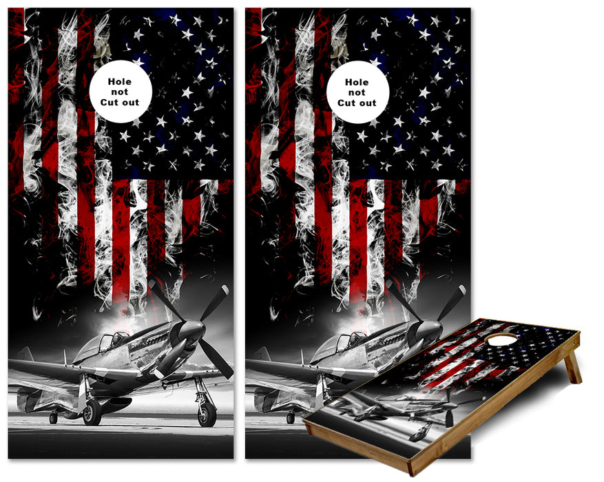 P-51 Mustang Airplane Smokey US Flag cornhole wraps