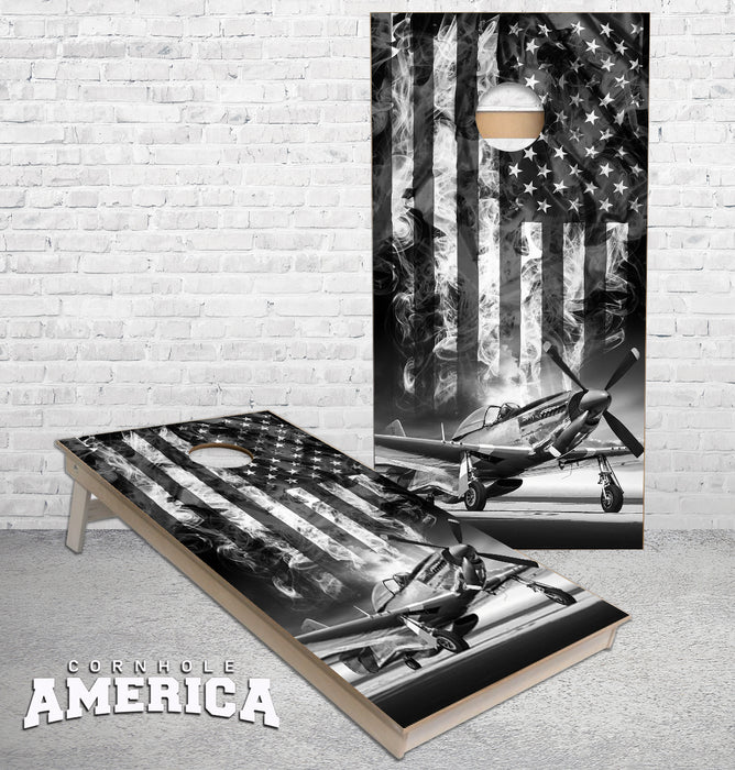 P 51 Mustang American Flag B/W Cornhole Boards