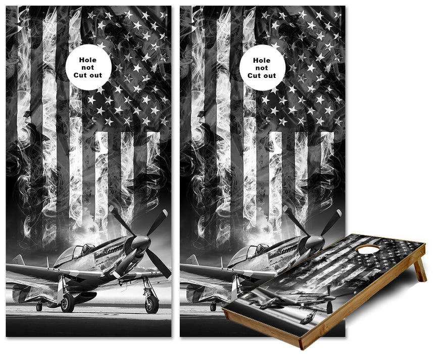 P-51 Mustang Airplane Smokey US Flag greyscale cornhole wrap