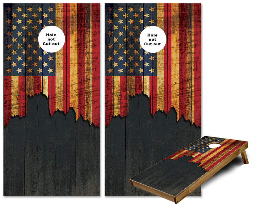 Jagged US Wood Flag on Black Rustic Plank cornhole wraps