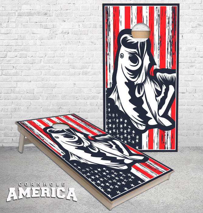 Bass Jumping on USA American Flag cornhole boards
