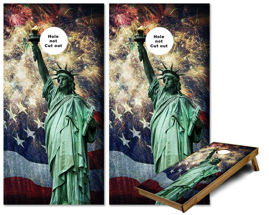 Statue of Liberty US Flag and Fireworks cornhole wraps