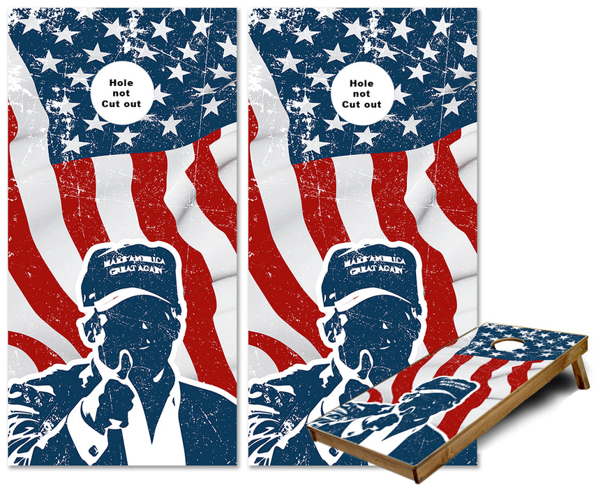 Trump Thumbs up American Flag with Maga Hat cornhole wraps