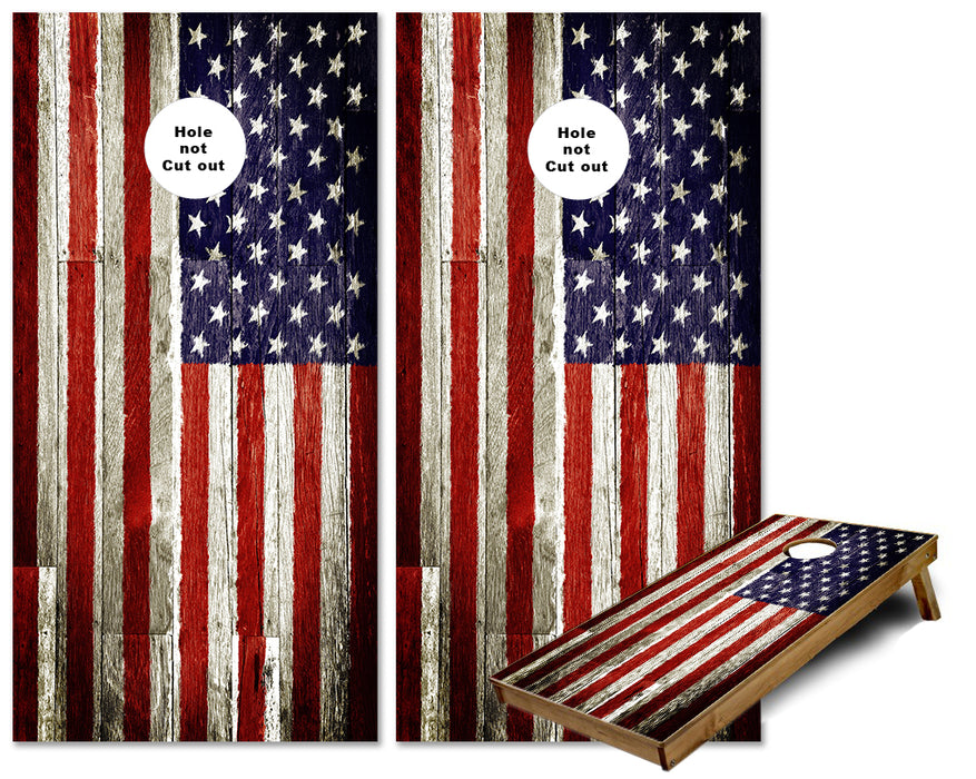 American Flag with Stained rustic wood look cornhole wraps