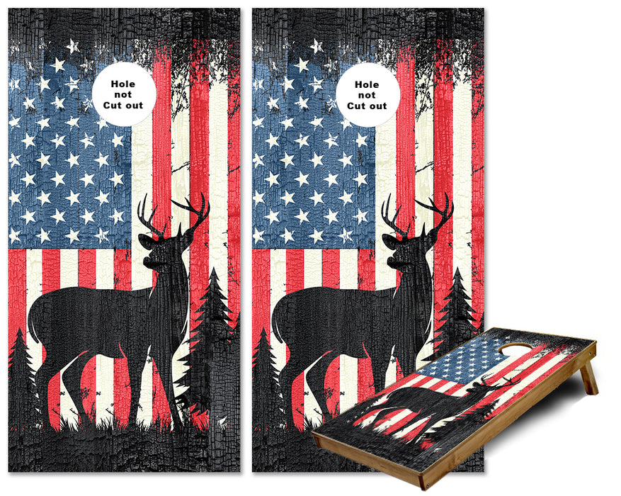 US Flag with a Whitetail Buck Deer cornhole wraps