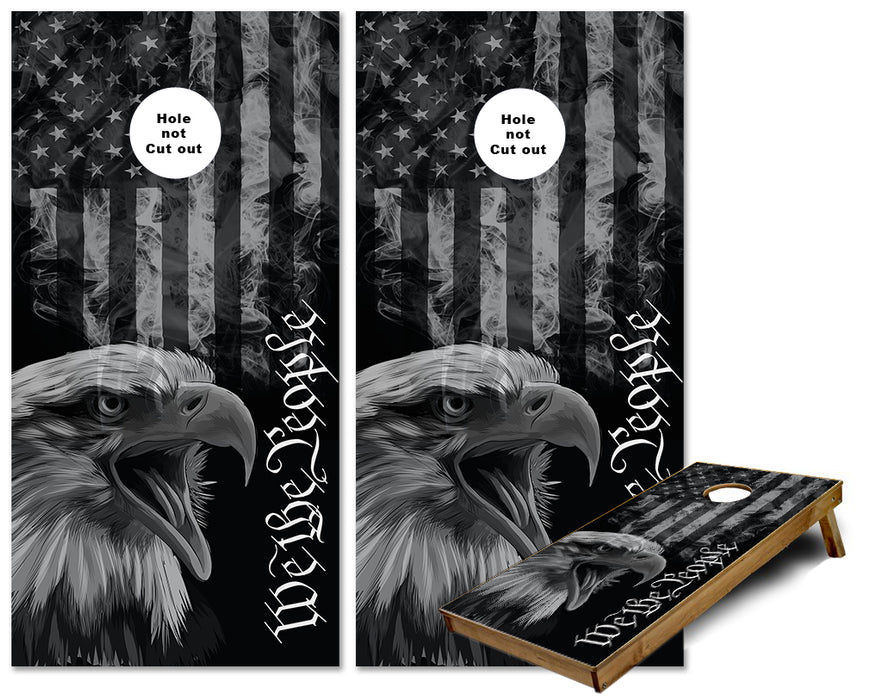 We the People Smokey US Flag BW with Eagle cornhole wraps