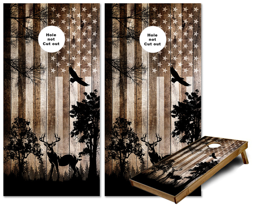 White Tail Buck Deer Eagle on Rustic wood American Flag cornhole wraps