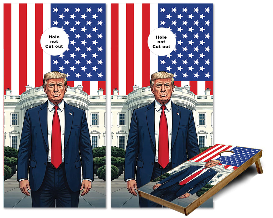 Donald J Trump standing in front of the Whitehouse US Flag cornhole wraps