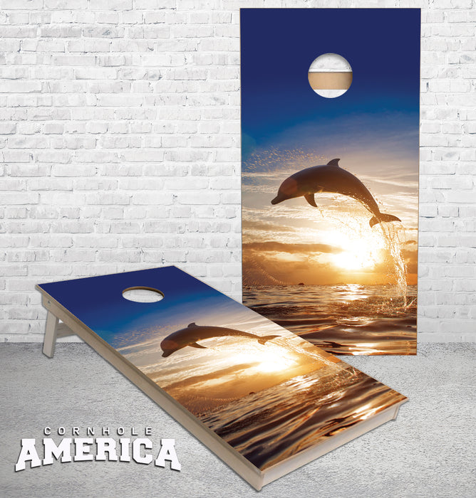 Dolphins jumping in the sunshine Cornhole Boards