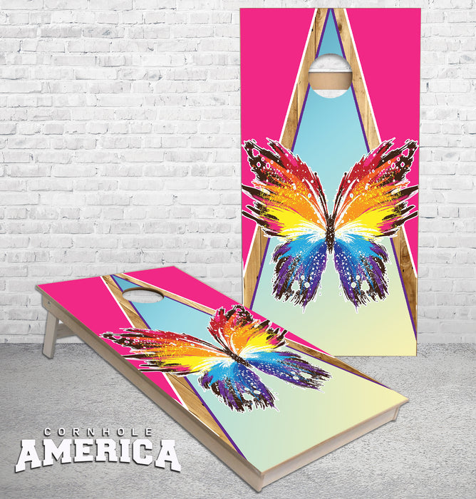 Butterfly on Pink Triangle themed Cornhole Boards
