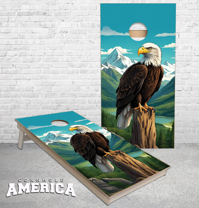 American Bald Eagle standing on Stump with Mountain view cornhole boards