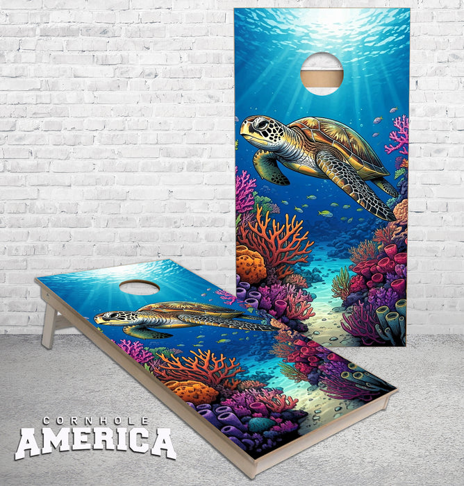 Sea Turtle in Coral Reef Ocean view cornhole boards