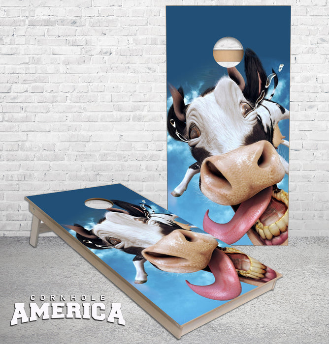 Funny Face Flying Cow with tongue hanging out cornhole boards
