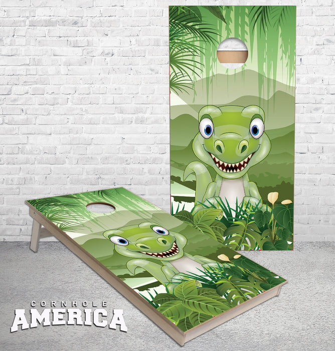 Cartoon Green Dinosaur front facing cornhole boards