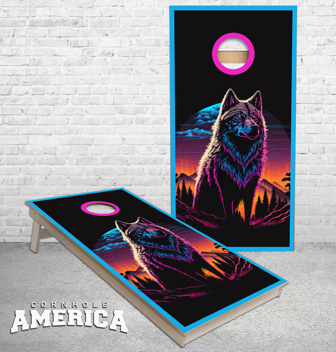 Neon Wolf Scene cornhole boards