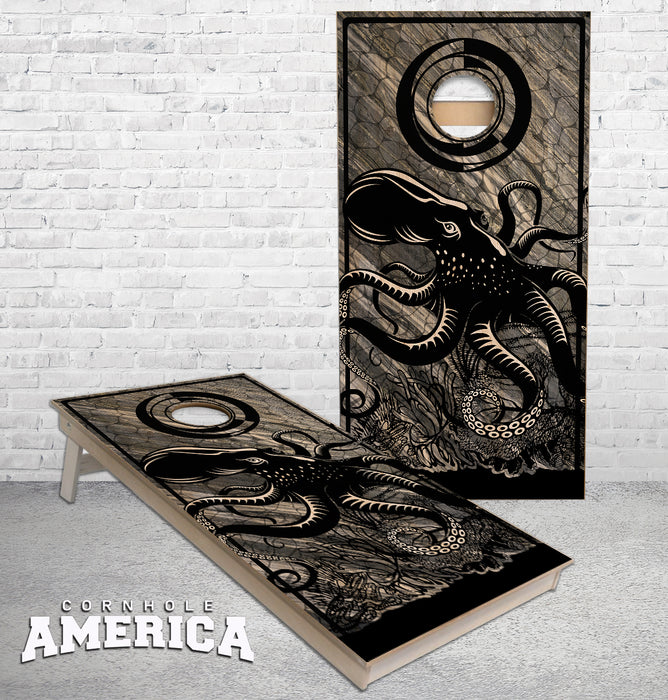 Octopus on the Ocean Floor artistic design cornhole boards