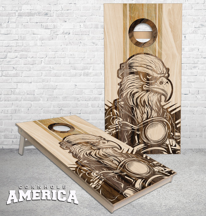 Bald Eagle Motorcycle Biker wood stripe designed cornhole boards
