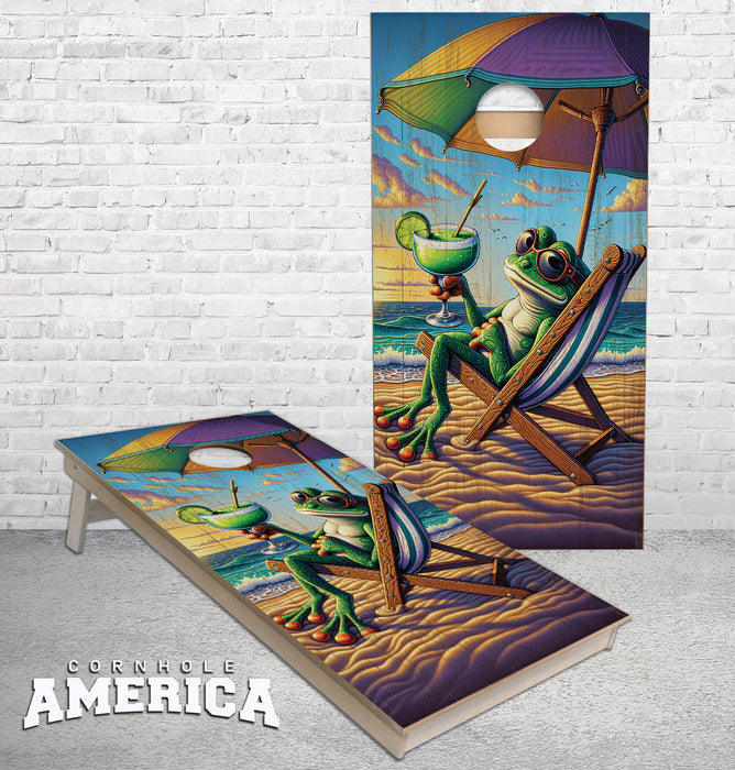 Frog on the Beach Drinking Margaritas in the sun cornhole boards