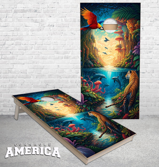 Psychedelic Aristic image of birds tigers dolphins cornhole boards