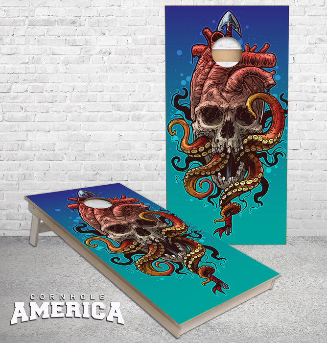 Artistic Skull with Aortic Heart Octopus cornhole boards