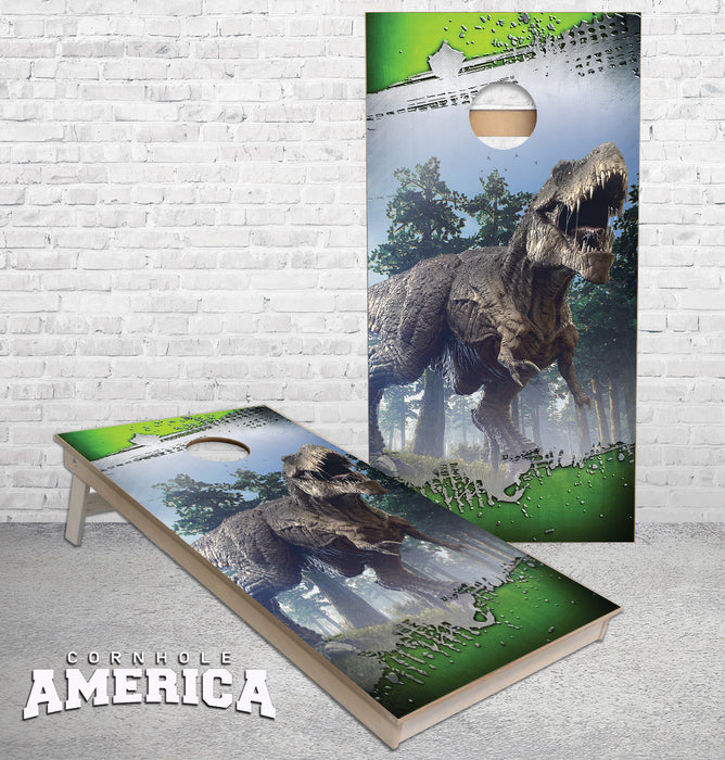 T Rex Roaring with jagged edges cornhole boards