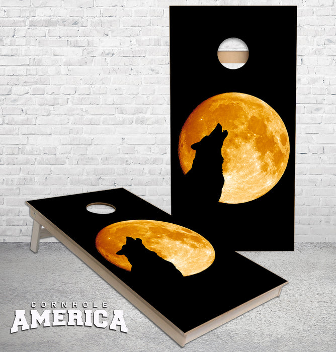 Wolf howling at the Moon cornhole boards