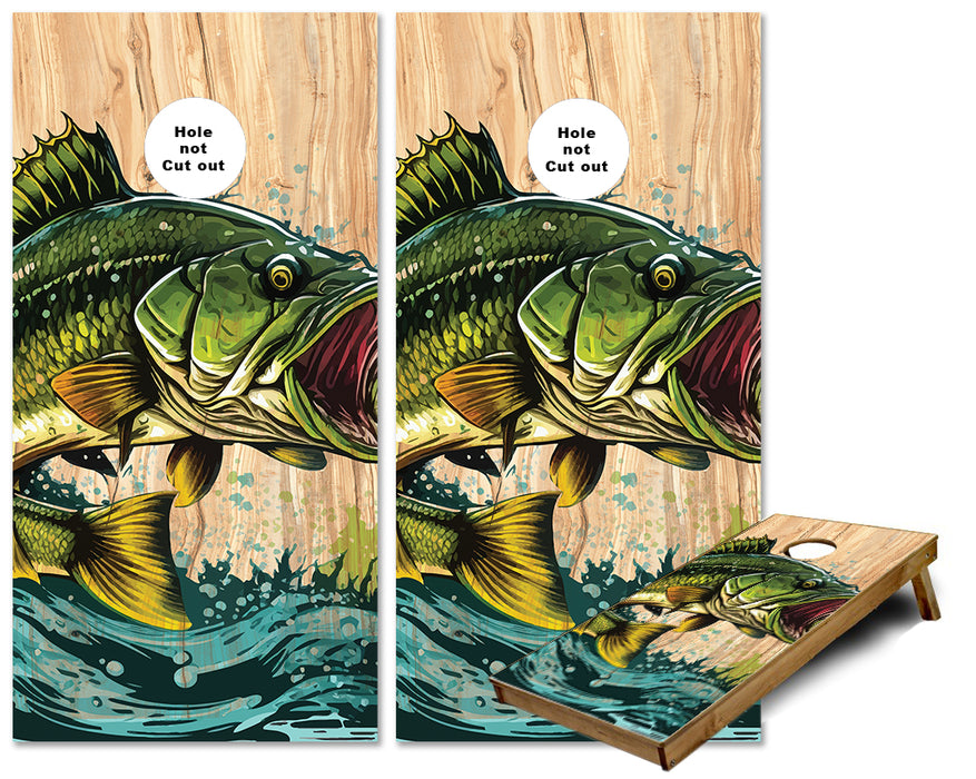 Giant Big Fish BASS Jumping out of the water rustic wood cornhole wraps