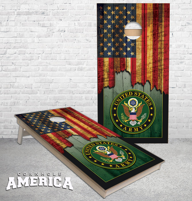 Jagged US Flag with United States Army cornhole boards