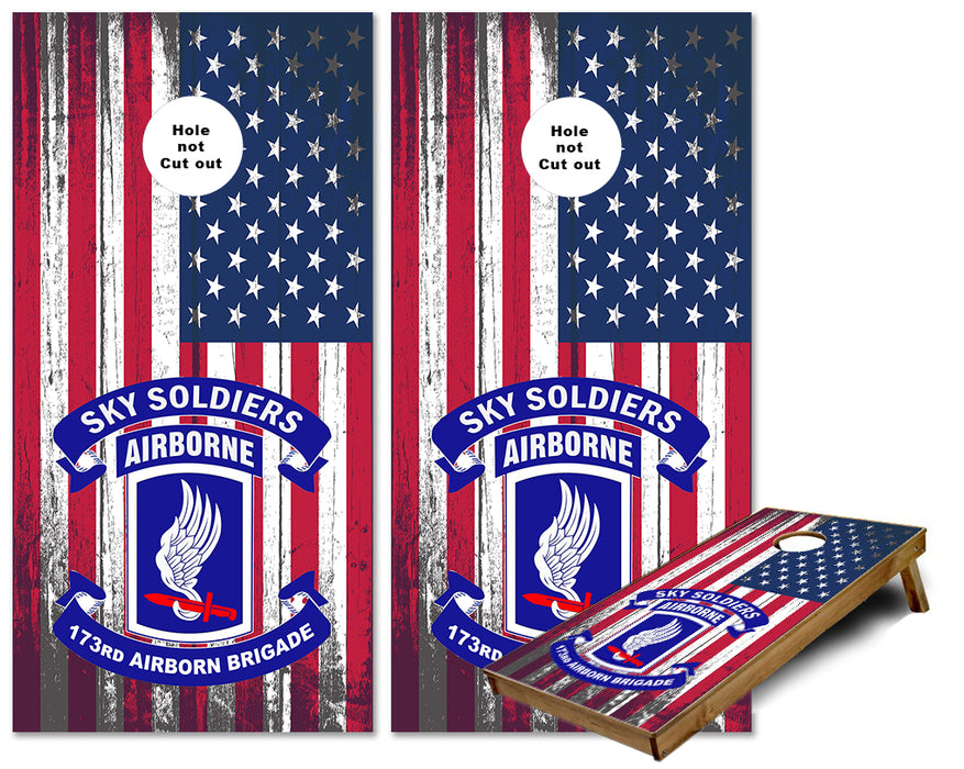 173rd Airborne Brigade on distressed wood US Flag cornhole wraps