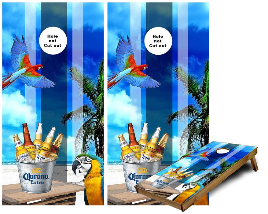 Corona Bucket Palm Tree Parrot Striped theme cornhole wraps