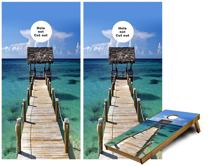 Tiki Hut at the end of a Dock cornhole wraps