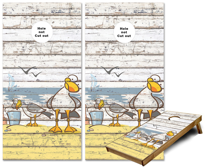 Weird Sea Gulls on the beach weathered wood cornhole wraps