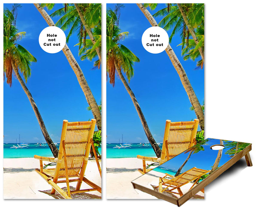 Wicker Beach chair white sand and palm trees cornhole wraps