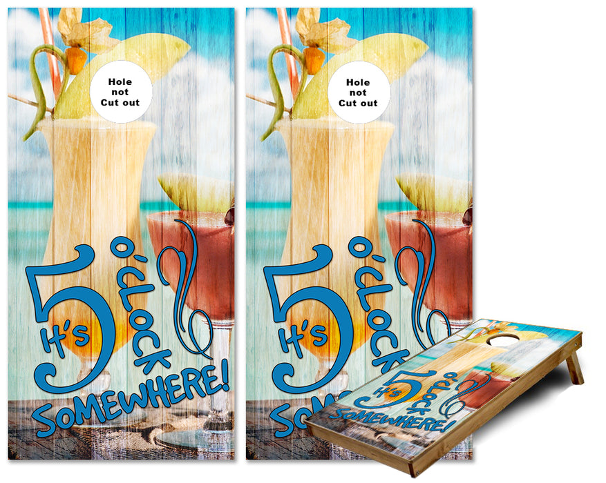 It's 5 O'clock Somewhere Drinks on a beach weathered wood cornhole wraps