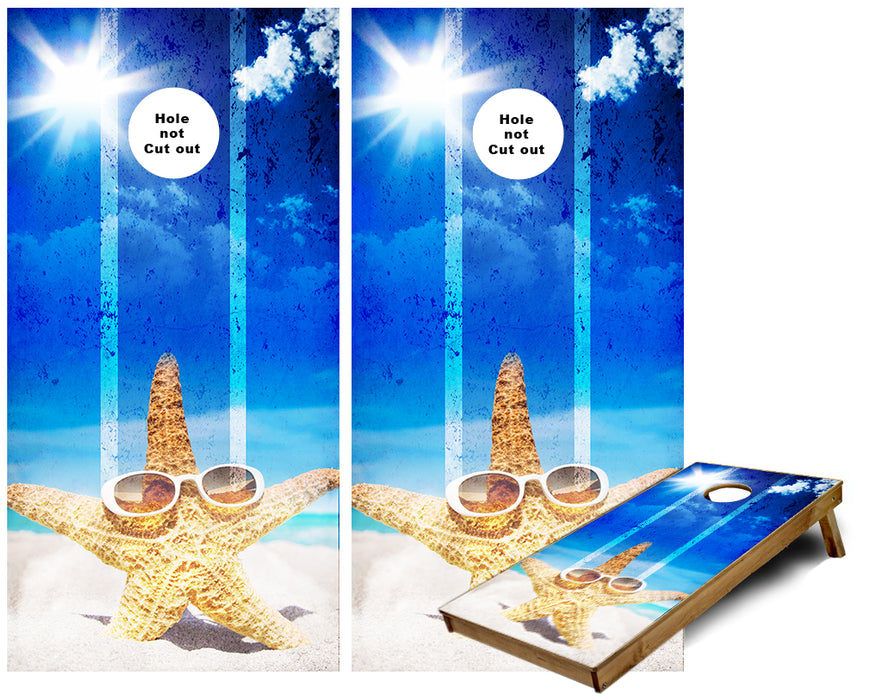 Sunbathing Star Fish with Glasses on the beach cornhole wraps