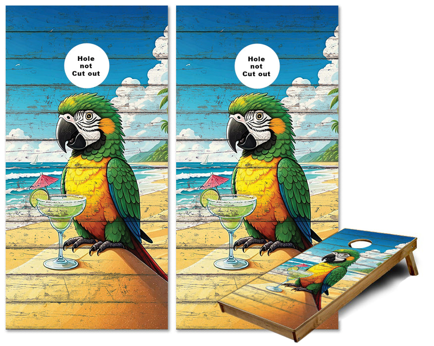 Parrot on the Beach Drinking Margarita theme on beach wood cornhole wraps