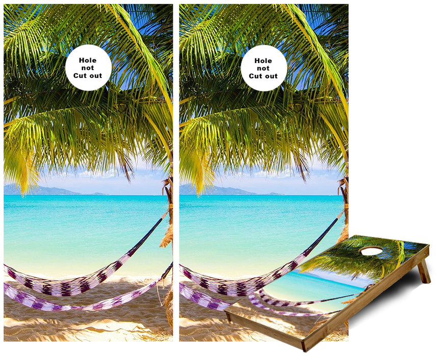 Hammock on the Beach under Palm trees cornhole wraps