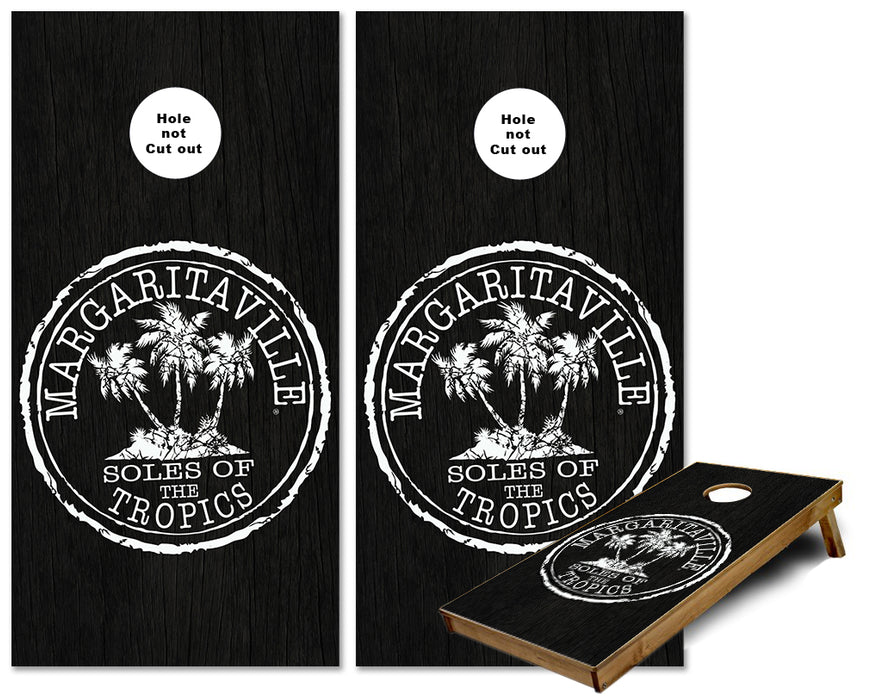 Margaritaville Soles of the Tropic on Black wood cornhole wraps