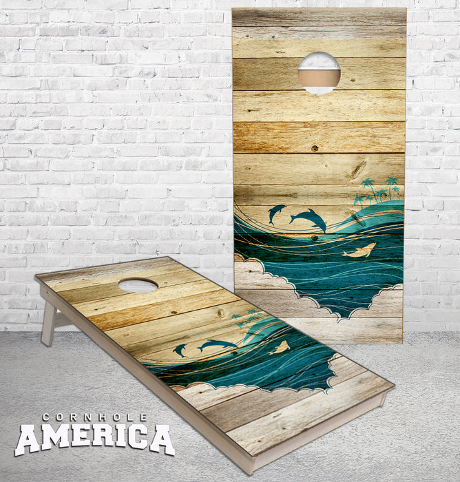 Dolphins jumping in the water beach wood cornhole boards