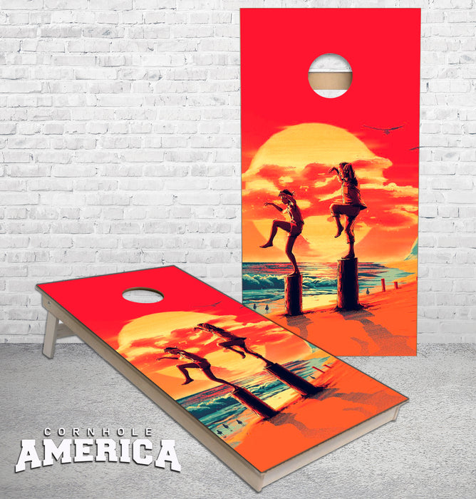 Karate Kid Crane Kick Ocean Beach sunset cornhole boards